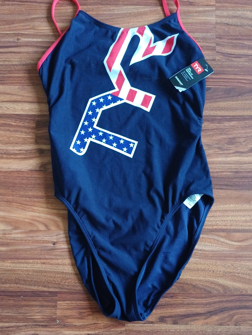 TYR Navy One-Piece Swimsuit with Red & White Stars-Stripes Logo